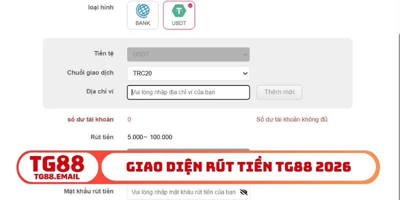 Giao diện rút tiền TG88 2026