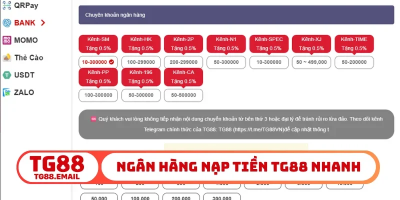 Ngân hàng nạp tiền TG88 nhanh